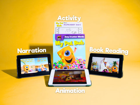 A collection of digital and print reading materials for children, including a book, a tablet displaying an animation video, and a smartphone displaying a narration video, all arranged on a yellow background.
