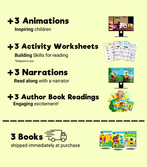 Promotional graphic with text and icons about educational products including animations, activity worksheets, narrations, and books.