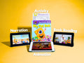 A collection of digital and print reading materials for children, including a book, a tablet displaying an animation video, and a smartphone displaying a narration video, all arranged on a yellow background.